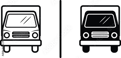 Delivery Truck Front View Icons in Outline and Solid Glyph Style for Logistics