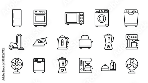 Household appliances illustrated in simple line art for design elements