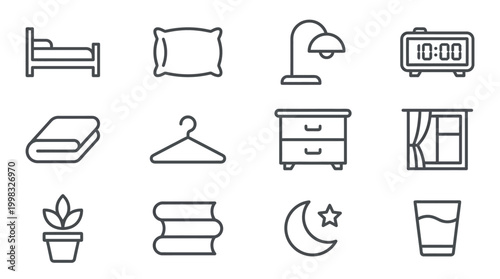 Minimalist bedroom icons bed lamp pillow books nightstand window