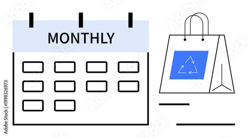Sustainability, shopping, organization, waste reduction, scheduling, eco-consciousness. A calendar with Monthly text and a shopping bag with a recycling logo. Promotes sustainability and shopping