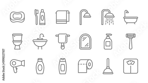 Bathroom essentials icon set soap shower bathtub and hygiene items