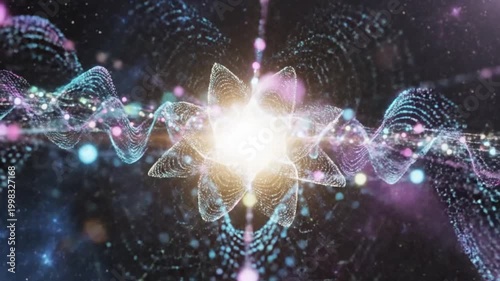 Vibrant waveform illustration floats across starry space background with colorful dots and lines