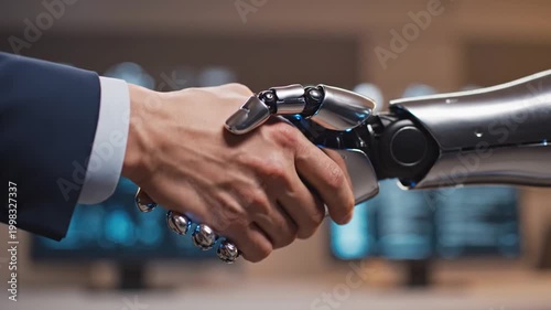 Human hand touching robotic hand in office