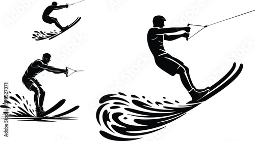 Minimalist Water Skiing Action and Summer Sports Icon Set, vector, illustration, silhouette.