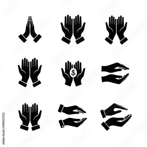 Set of Hand Prayer Icons Religious Spiritual and Financial Concepts