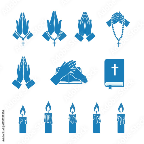 Christian Hand Prayer Icons with Rosary Bible and Candles