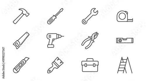 Collection of hand tools outlined in simple black and white style