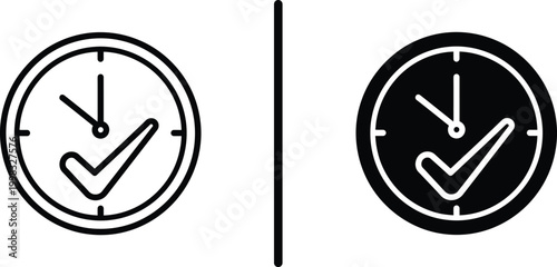 Time Management Clock Icon with Checkmark Outline and Solid Vector