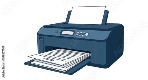 Modern blue office printer with paper output and input tray