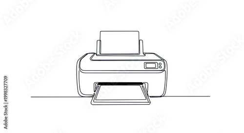 Minimalist single line drawing of a printer, office equipment, technology concept