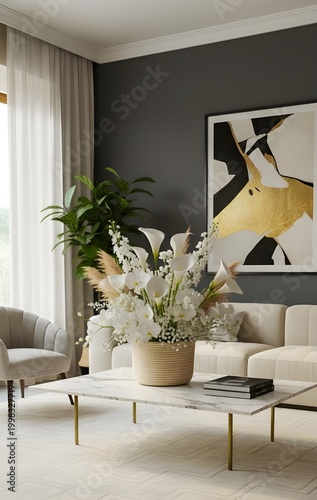 Cestos florales decorativos en mesa de salón elegante