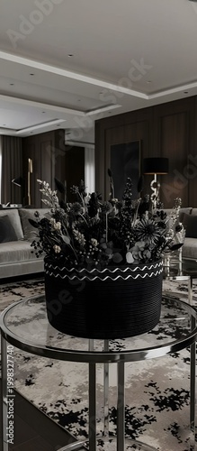 Cestos florales decorativos en mesa de salón elegante