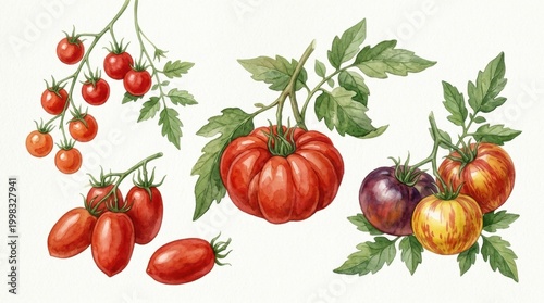 Fresh Greens and Vibrant Tomatoes Illustrated in Watercolor Showcasing the Beauty of Vegetables in a Simple Setting