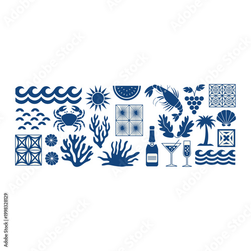 Blue summer icons with tropical and marine elements Keywords: summer, beach, vacation, sea