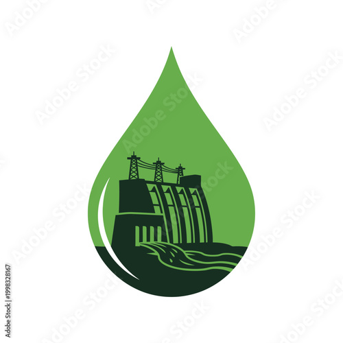 Eco friendly hydroelectric dam, green energy icon, water droplet logo, sustainable power symbol
