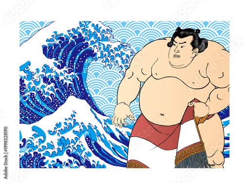 大波と青海波を背景に立つ力士
