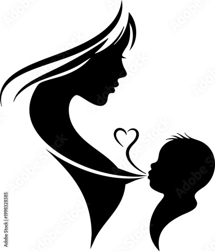 Mother and baby silhouette depicting maternal love and care with a heart.
