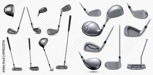 Set of realistic golf clubs with various drivers, irons, and putters for sport and leisure activities.
