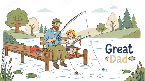 Father and son celebrate Father's Day with a fishing vector celebration on a dock