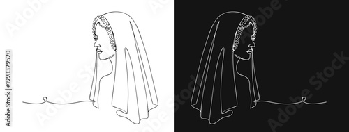 Widow in mourning veil, minimalist continuous line drawing style, for light and dark designs, isolated on removable contrasting background
