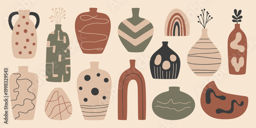 Assortment of 16 decorative ceramic vases and abstract shapes in earthy tones pottery