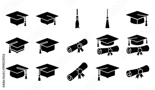 Minimal graduation cap and diploma outline icon set academic hat line vector education symbols collection