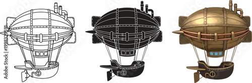 Steampunk airship collection vintage dirigible illustrations in line art silhouette and 3D render styles isolated on white