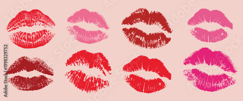 Collection of eight red and pink lipstick kiss marks on a light pink background vector illustration