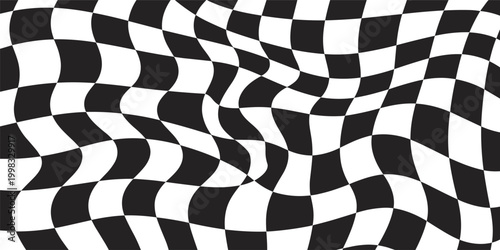 Distorted Black And White Checkerboard Pattern With Wavy Lines monochrome optical illusion