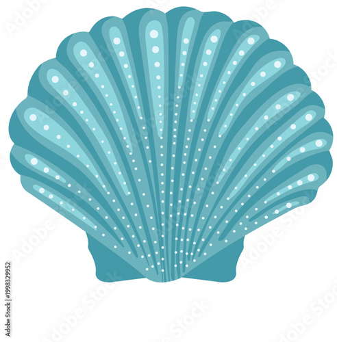 Light blue scallop seashell with decorative dots and ribbed texture marine shell isolated