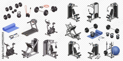 Isometric set of various gym and fitness equipment for workout and exercise, including weights, machines, and accessories.