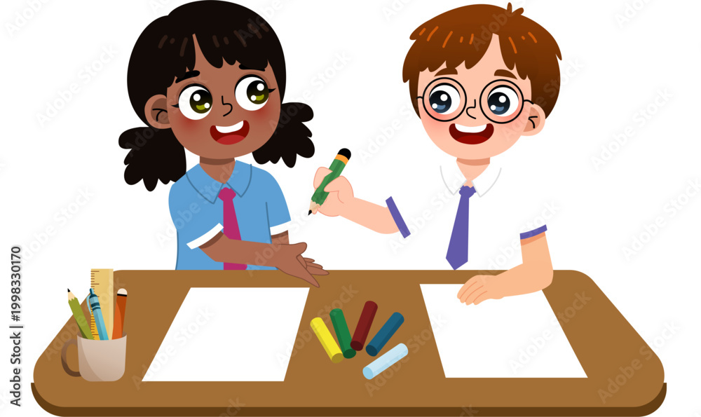 Fototapeta premium Children Drawing Together At A Desk
