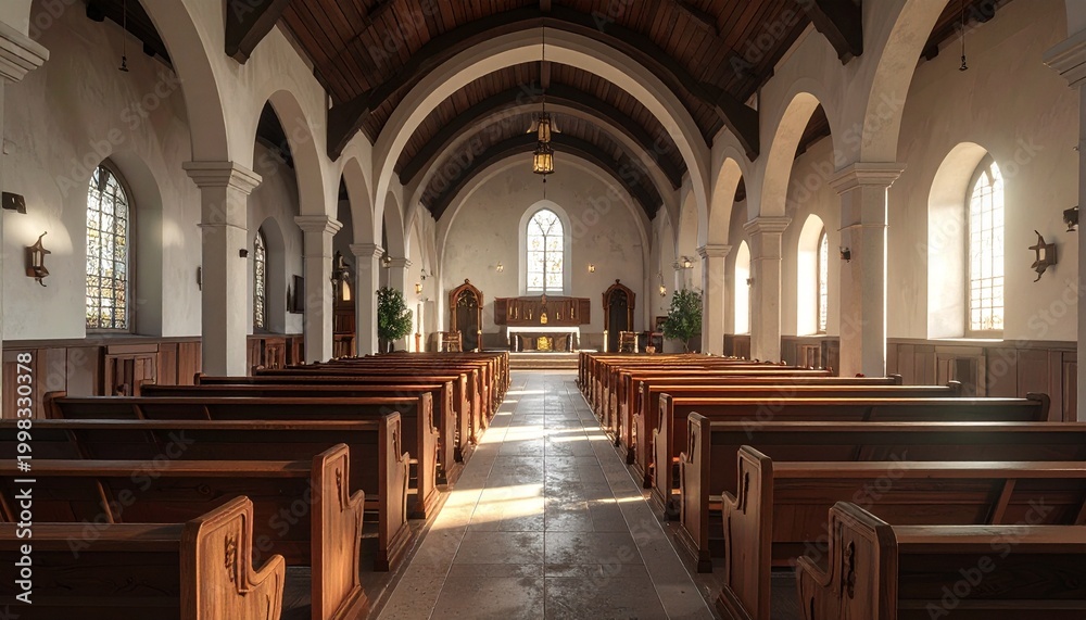 Fototapeta premium Peaceful interior of a traditional church with wooden pews and stone arches flooded with warm morning sunlight for spiritual reflection.