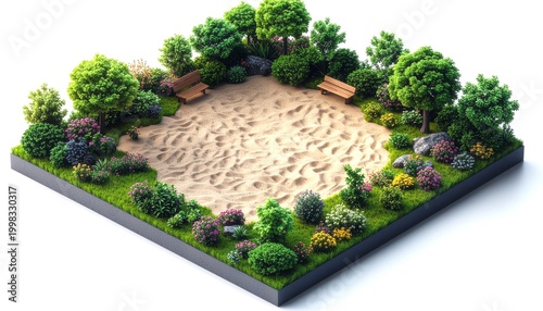 Kids-Friendly Backyard Garden Layout with Sandbox and Playful Elements, Top View Minimal Design