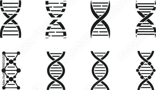 DNA Helix Variations Icon Set with Genetic Structure Molecule Shapes Abstract Biology Science Symbols Black Vector Collection for Medical Research Design
