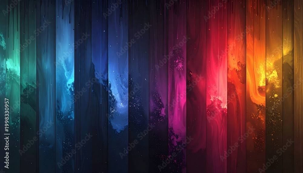 Naklejka premium Vibrant rainbow paint drips on dark wooden planks creating an abstract colorful background with glowing light reflections and artistic texture.