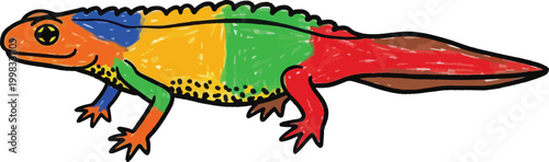 A colorful salamander crawls across a white and black striped background. The salamander has a vibrant, multicolored pattern of red, orange, yellow, green, and blue scales.