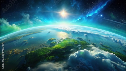 A breathtaking view of a vibrant planet, showcasing lush green landscapes, serene oceans, and a radiant sun rising above a celestial canvas of swirling nebulae and distant stars.