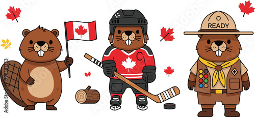 Cartoon beaver dressed in Canadian themed outfits with flag, hockey gear, and scout uniform with autumn leaves vector design.