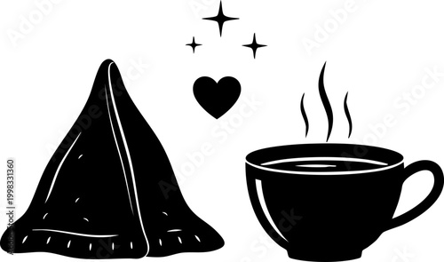 Samosa and tea cup icon set with heart and sparkles for breakfast or snack menu design.