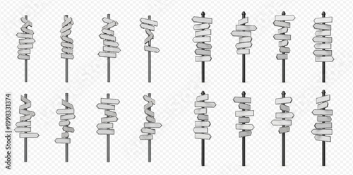 Set of blank wooden signposts with multiple arrow boards pointing in various directions, isolated on transparent background, offering design elements for choices and guidance.