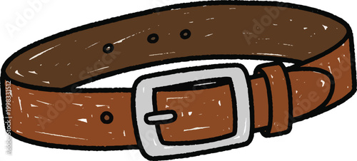 A hand-drawn illustration of a brown leather belt with a large, rectangular buckle. The belt has small holes along its length.