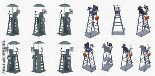 Isometric lifeguard towers with umbrellas, chairs, and lifebuoys for beach safety and pool supervision.