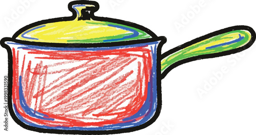 A colorful drawing of a saucepan with a lid. The saucepan is red, blue, green, and yellow.