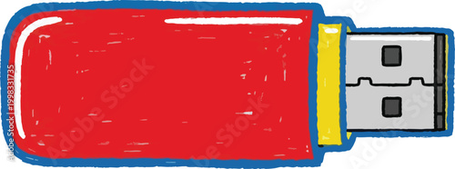 A red USB flash drive is depicted in a cartoon style. The flash drive has a red casing with a white stripe and yellow connector.