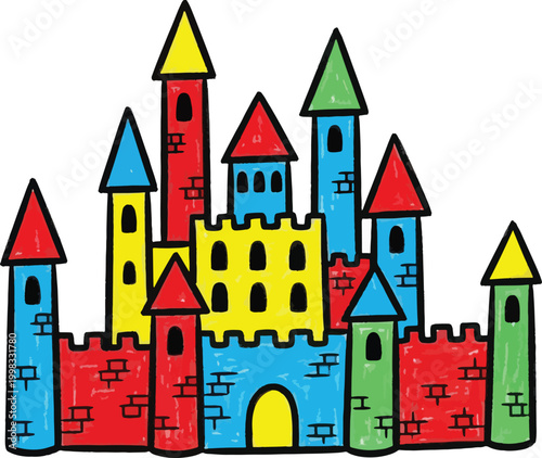 A colorful, cartoon castle stands on a white background. The castle is composed of several towers of different colors, including red, blue, green, yellow, and orange.