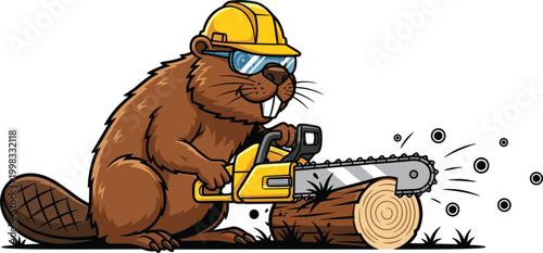 Cartoon beaver wearing safety gear and using a chainsaw to cut wood with sparks flying vector illustration.