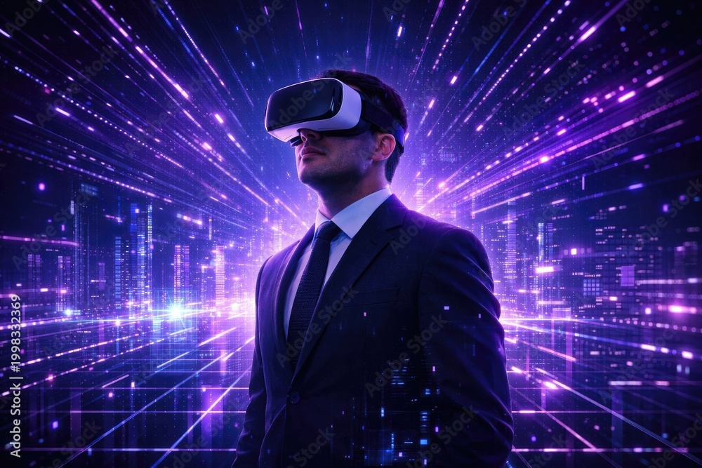 Fototapeta premium A businessman wearing a virtual reality headset standing in a digital environment with glowing purple light lines and a futuristic city grid