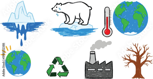The image depicts a collection of icons representing climate change and environmental concerns. A polar bear stands on a melting iceberg, with water droplets falling from it.