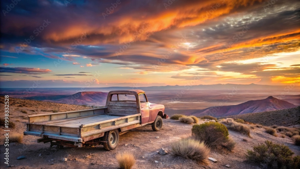 Fototapeta premium Rustic Vintage Pickup Truck on a Hilltop at Sunset, Overlooking a Vast and Dramatic Landscape